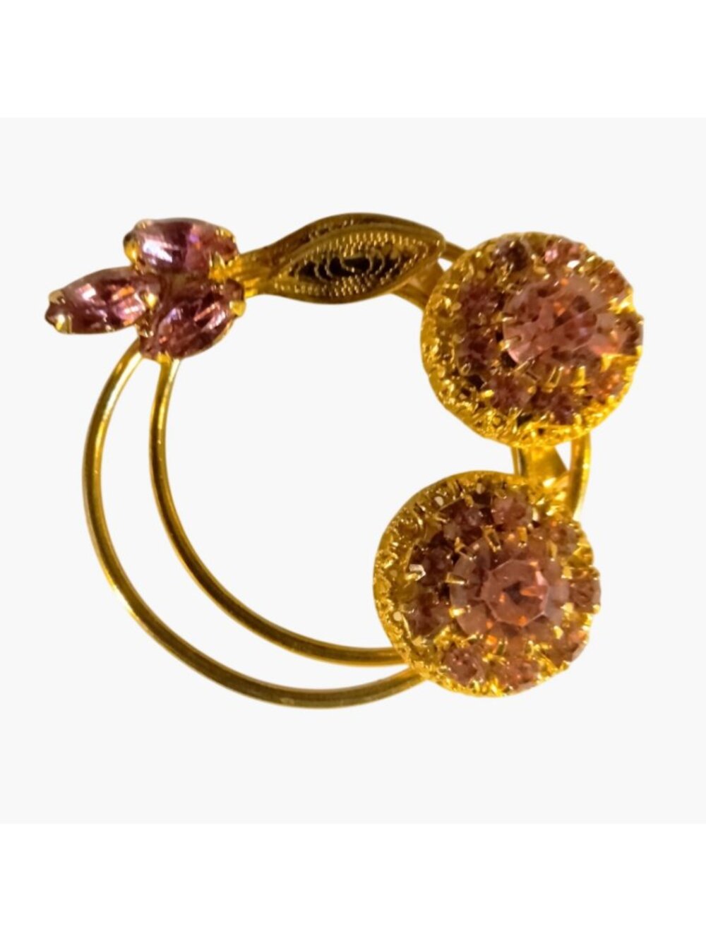 Brooch Pink Rhinestone Elegant Floral Design Dual Circle Gold Tone 2 Inch - Picture 3 of 5